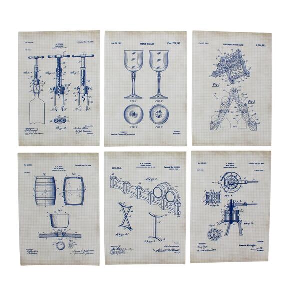 6 BAR Patent Prints 5x7" Wine Beer Keg FREE SHIPPING Antiqued Grid BlueInk Craft - Picture 1 of 11